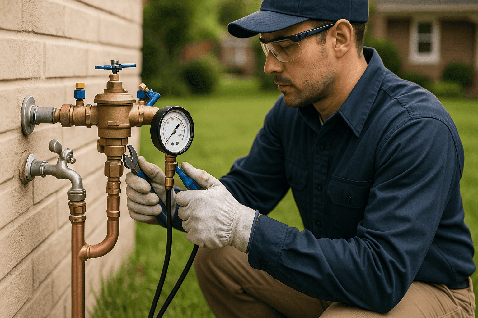 Plumber testing backflow prevention device on outdoor faucet