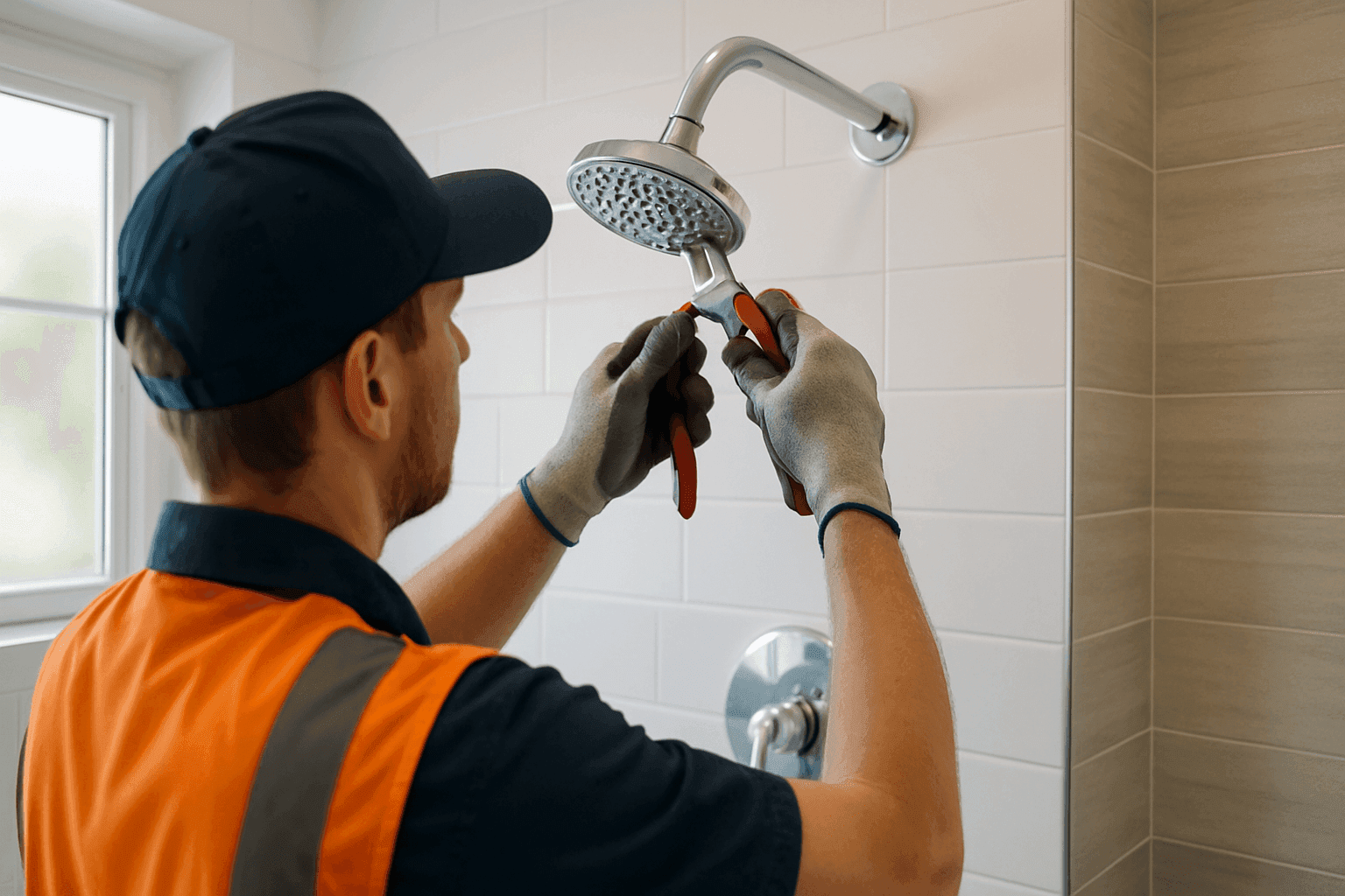 Technician installing new showerhead in residential bathroom