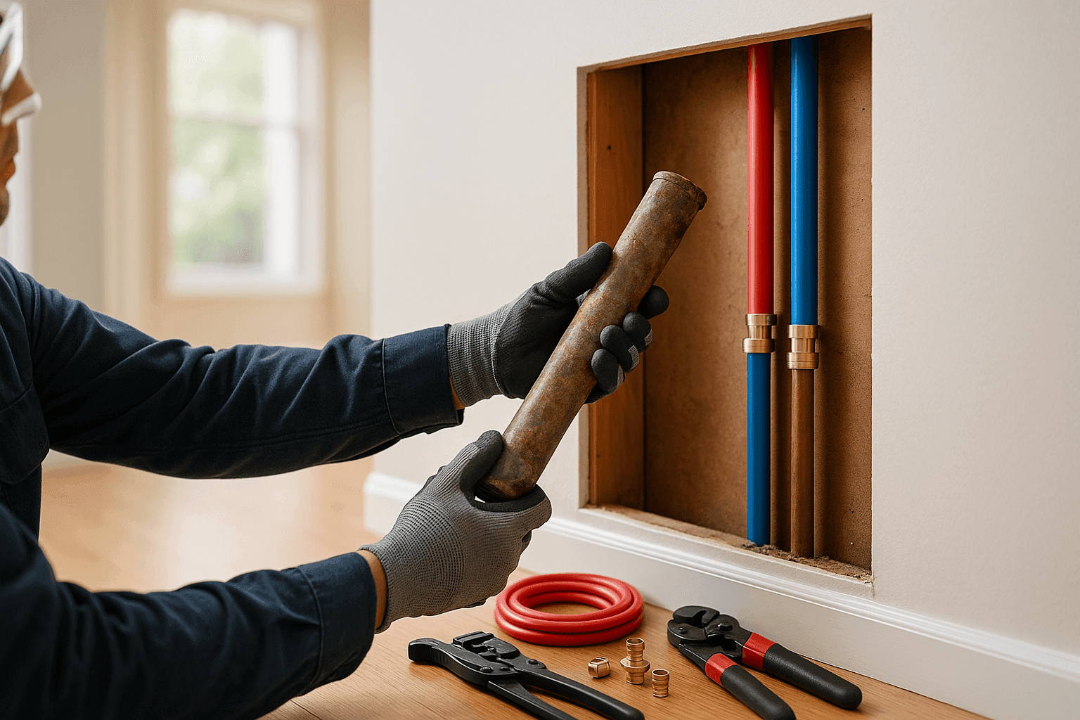 Technician replacing old pipes in residential wall