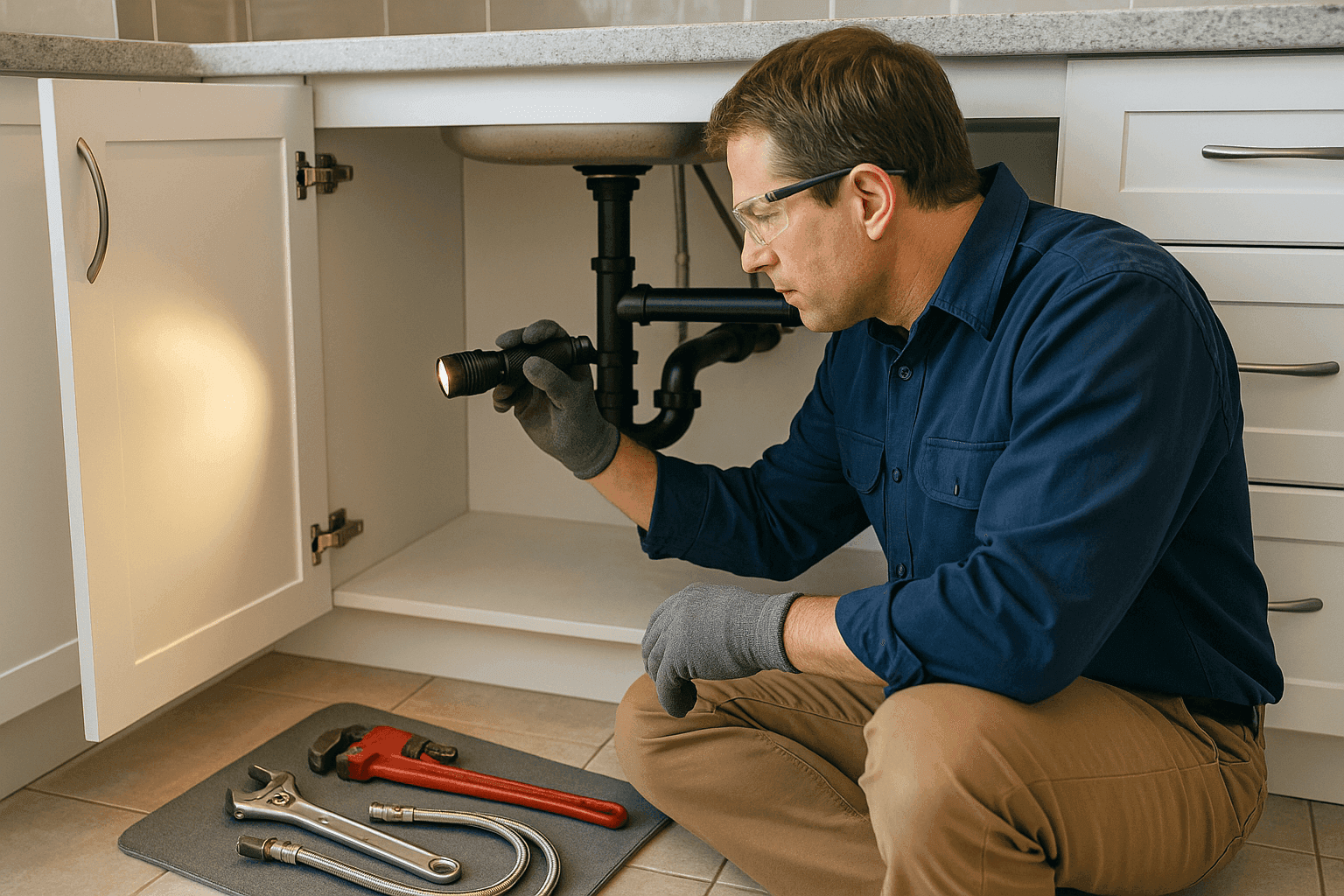 Homeowner inspecting plumbing pipes under sink with flashlight for leaks