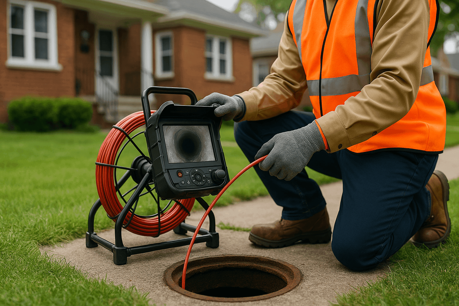 Technician inspecting outdoor sewer line with camera equipment