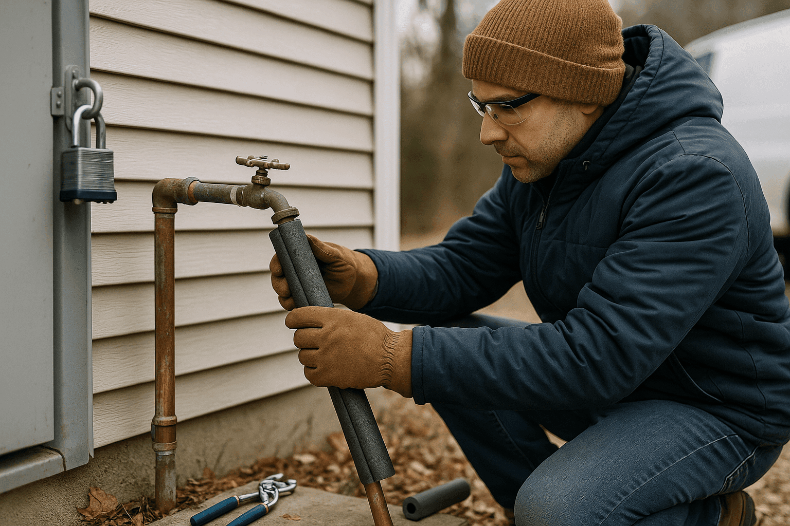 Homeowner insulating outdoor plumbing pipes to prevent freezing in winter