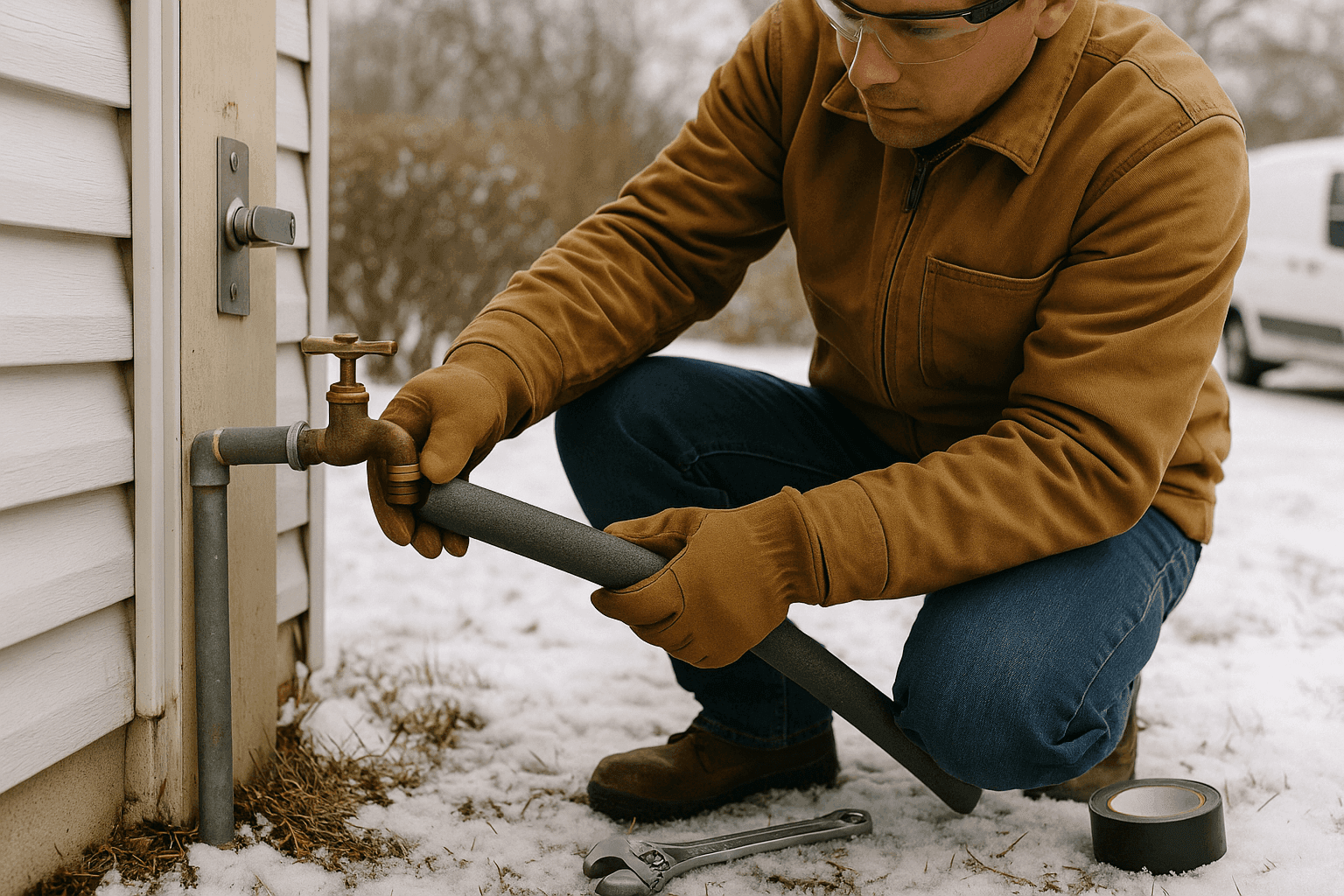 Homeowner insulating outdoor plumbing pipes to prevent winter freeze damage