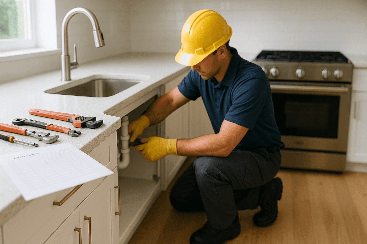 Plumber inspecting under-sink plumbing as part of maintenance