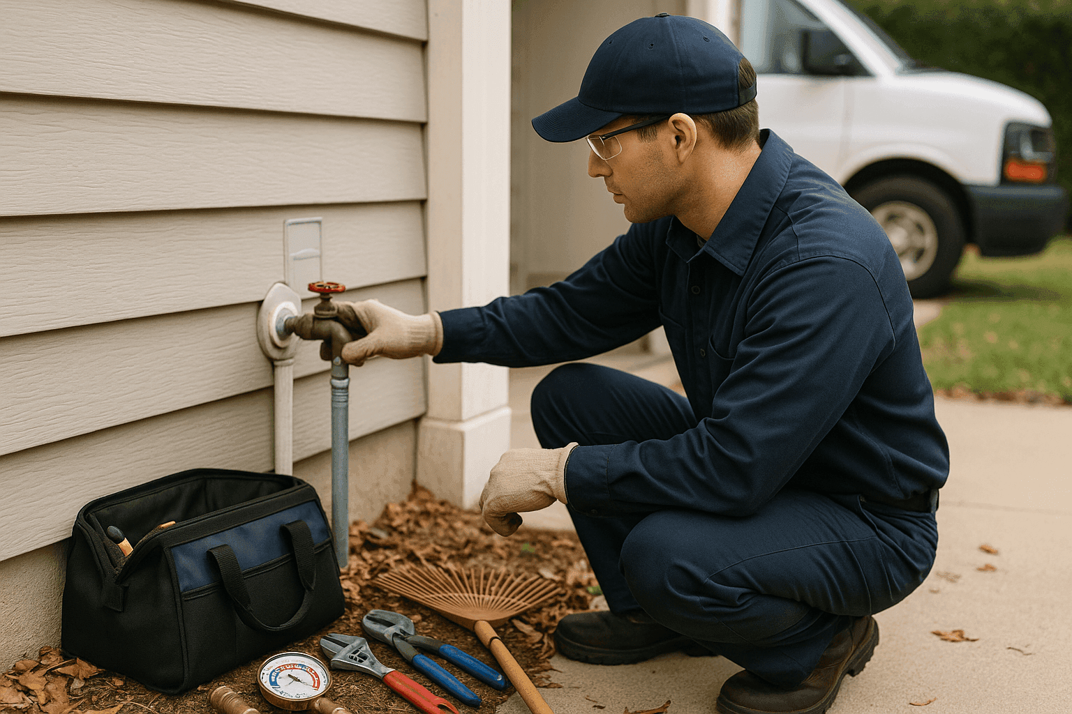Plumber performing seasonal plumbing maintenance inspection in a residential home