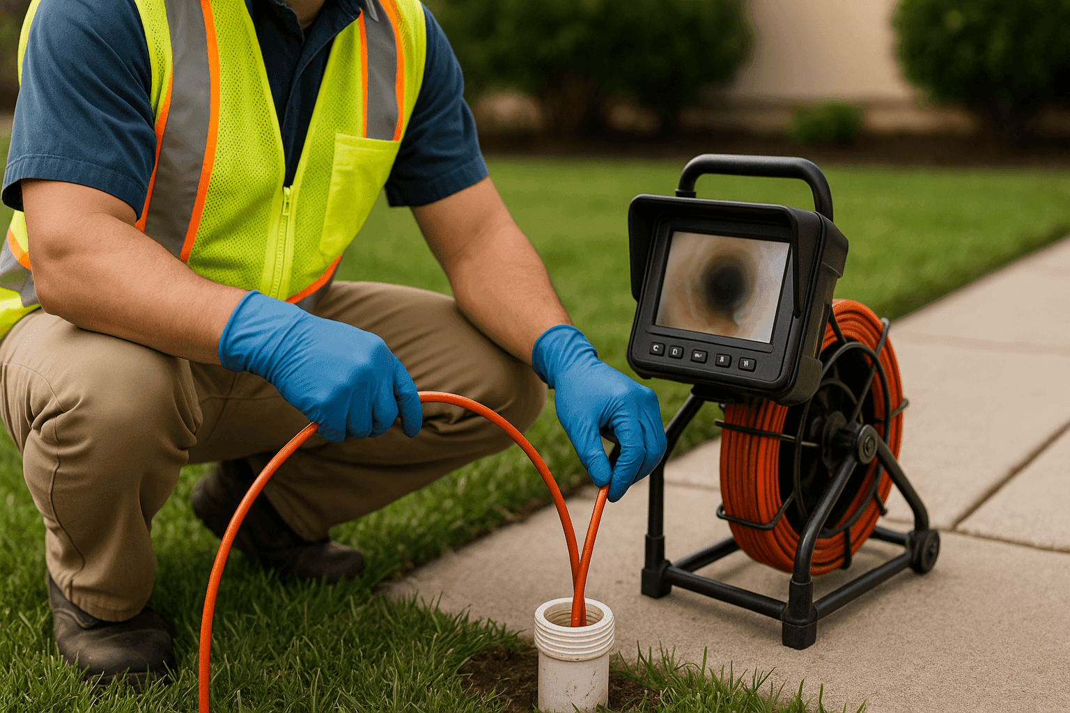 Technician operating sewer camera for pipe inspection