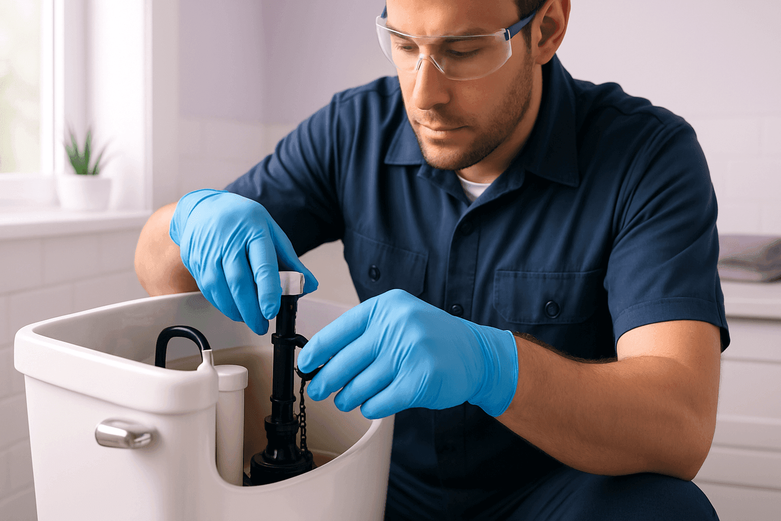 Plumber adjusting toilet tank components