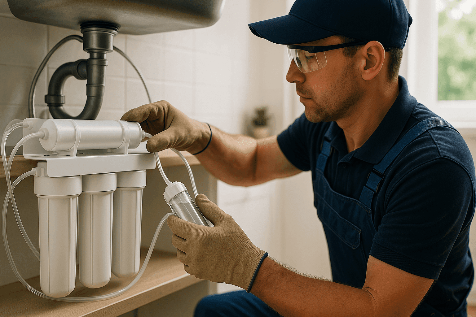 Technician installing water filtration system under kitchen sink