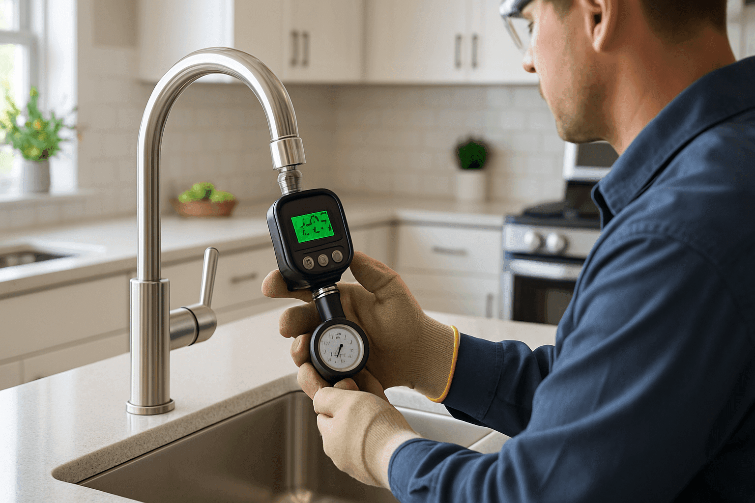 Plumber testing home water pressure with gauge